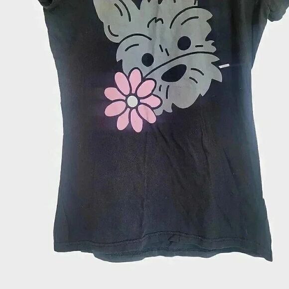 Instant Message Women's Black Cotton Schnauzer w Flower Short Sleeve Round Neck - Picture 4 of 6